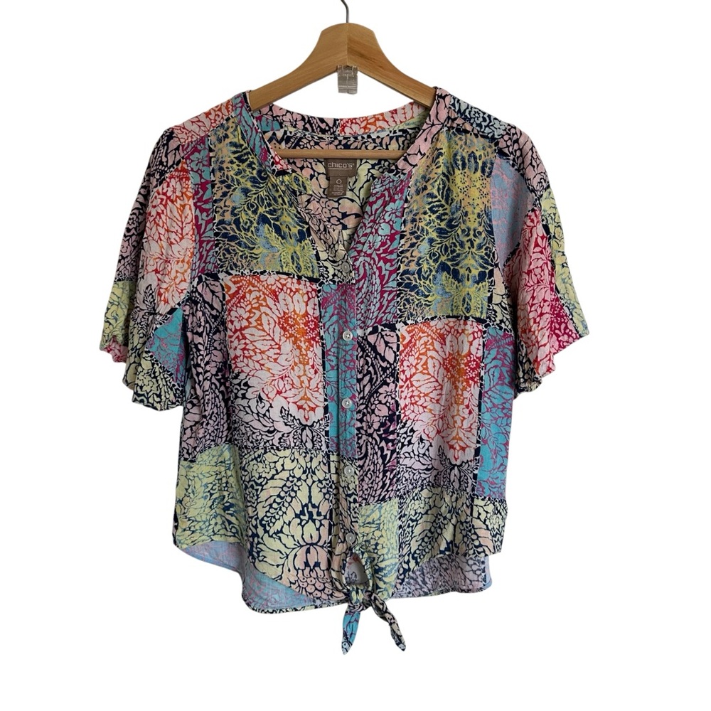 Chico’s Multi Colored Patchwork Short Bell sleeve… - image 1
